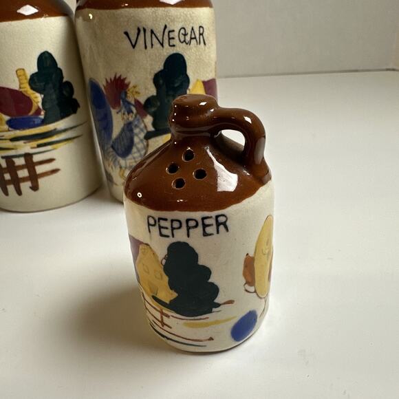 Vintage Relco Japan Vinegar/Oil Cruets Salt Pepper Hand painted Roosters/Barns - Picture 5 of 8